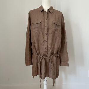 120% Lino Khaki Brown Mid Length Shirt Dress Tunic Top Size 10 Large